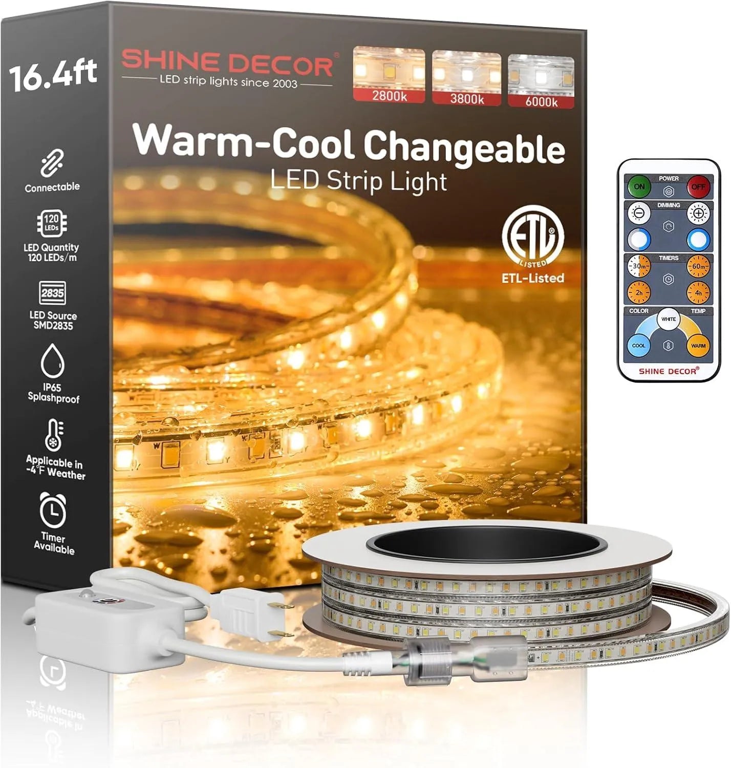 120V CCT LED Strip Light Tunable White 2800K 4500K 6000K 32ft 10m