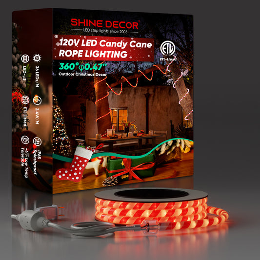 110V Candy Cane Rope Light 2800K Warm White For Christmas