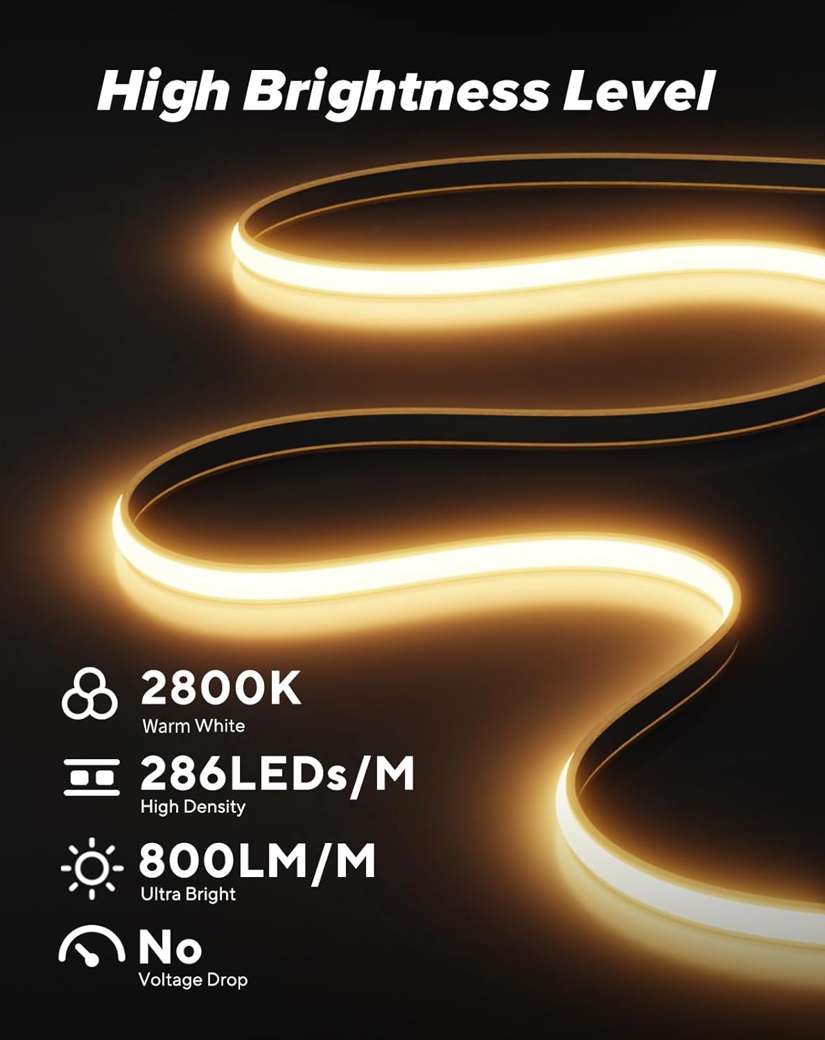 Shine Decor 110V Ultra Bright COB LED Strip Light 2800K Warm White 800Lumens/M