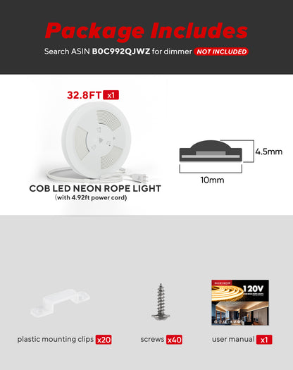 110V Ultra Bright COB LED Neon Rope Light 6000K Cool White 800Lumens/M