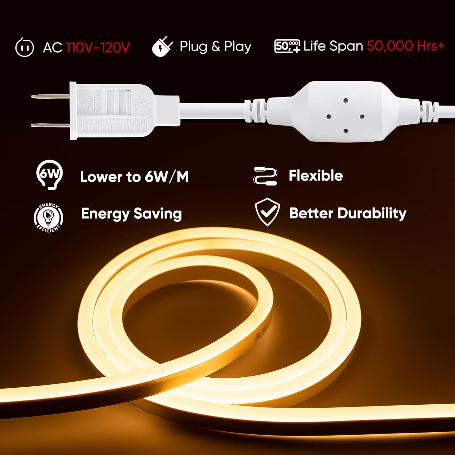 120V LED Neon Rope Light 2600K Warm White LED Rope Light 50ft 15m