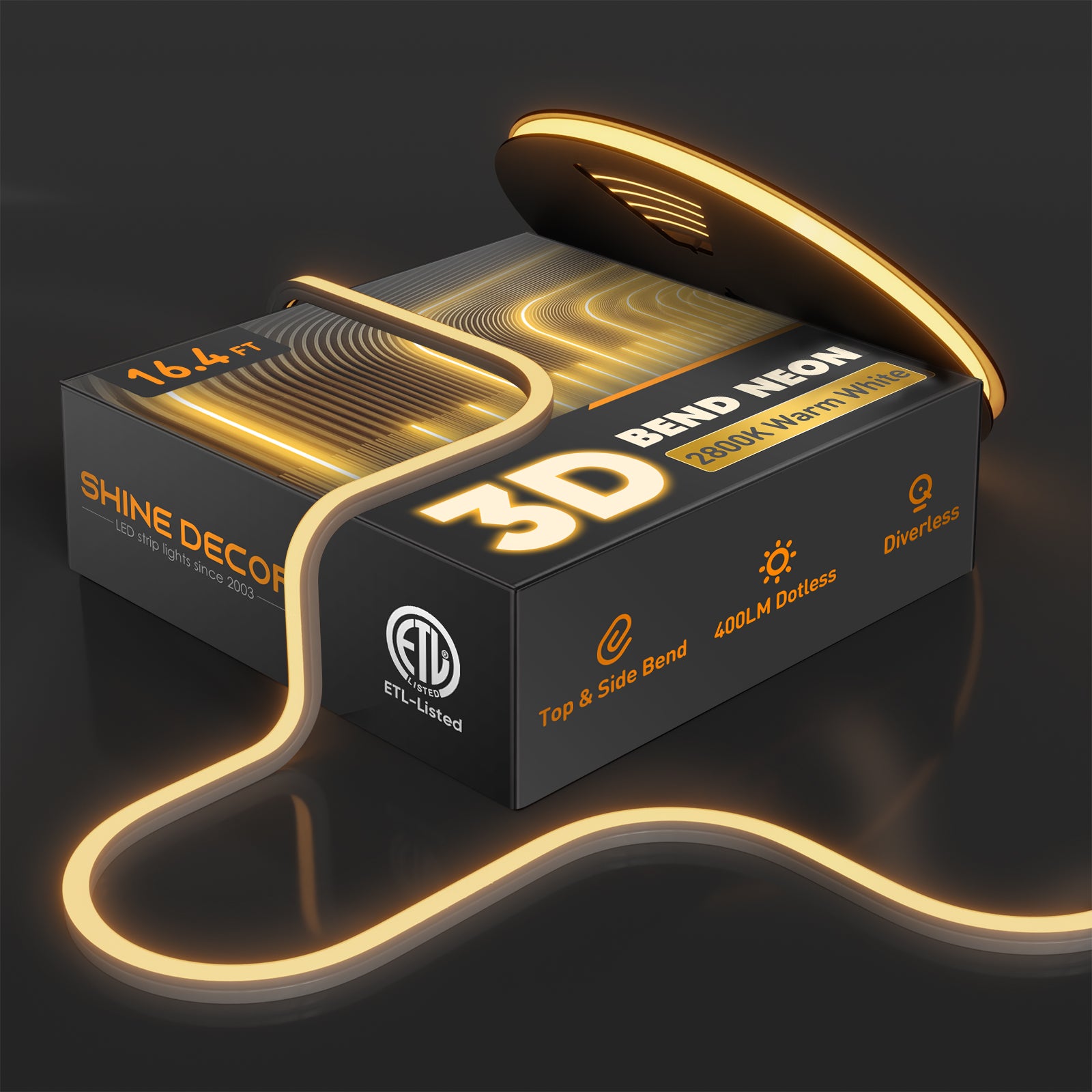 120V 3D neon flex with Top & Side Bend capability in 2800K warm white driver-free, showcasing a seamless outdoor bar sign
