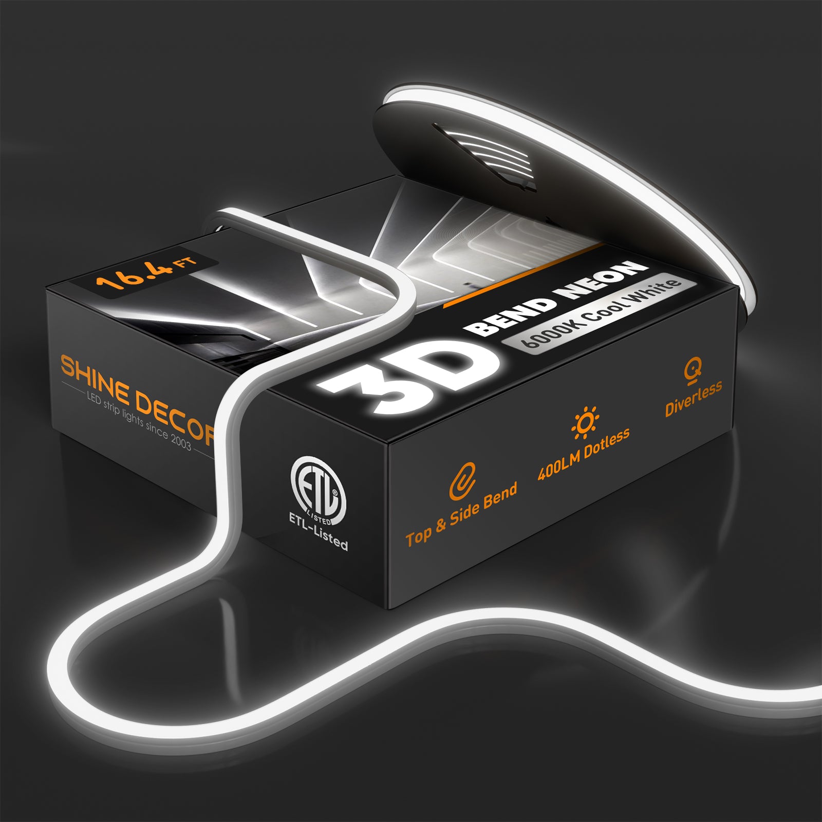 120V 6000K cool white Neon Flex bent in 3D directions (top & side) with uniform glow, no dark spots and driver free
