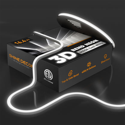 120V 6000K cool white Neon Flex bent in 3D directions (top & side) with uniform glow, no dark spots and driver free