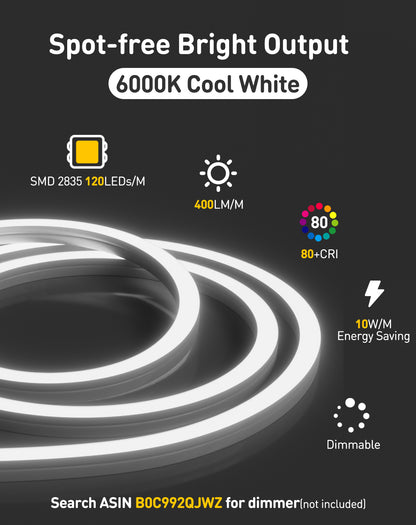 120V 6000K cool white Neon Flex bent in 3D directions (top & side) with uniform glow, no dark spots and driver free