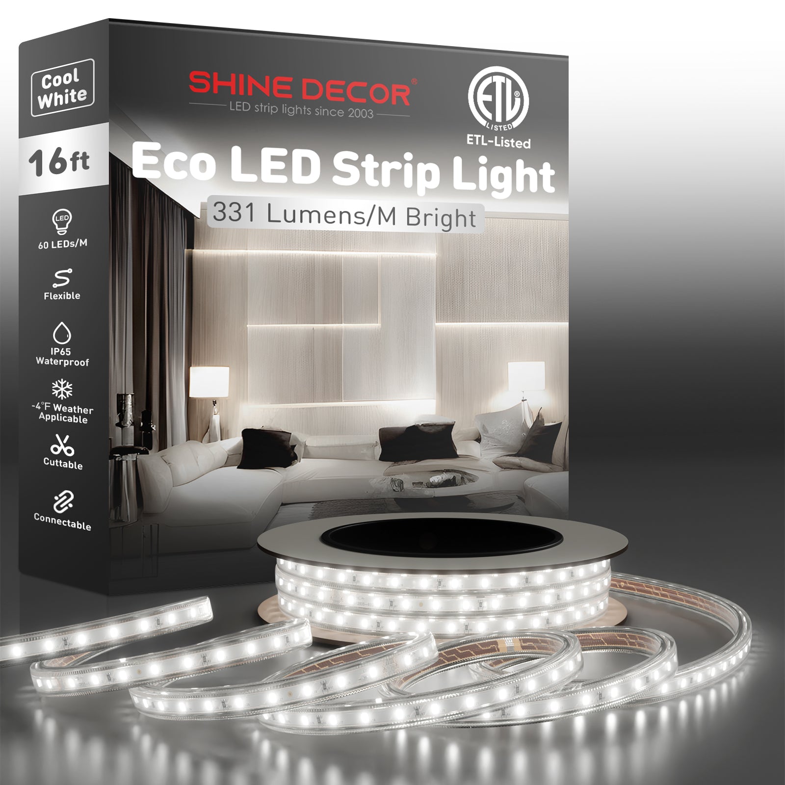 IP65 waterproof 120V LED strip light in 6000K cool white, installed under outdoor kitchen cabinets