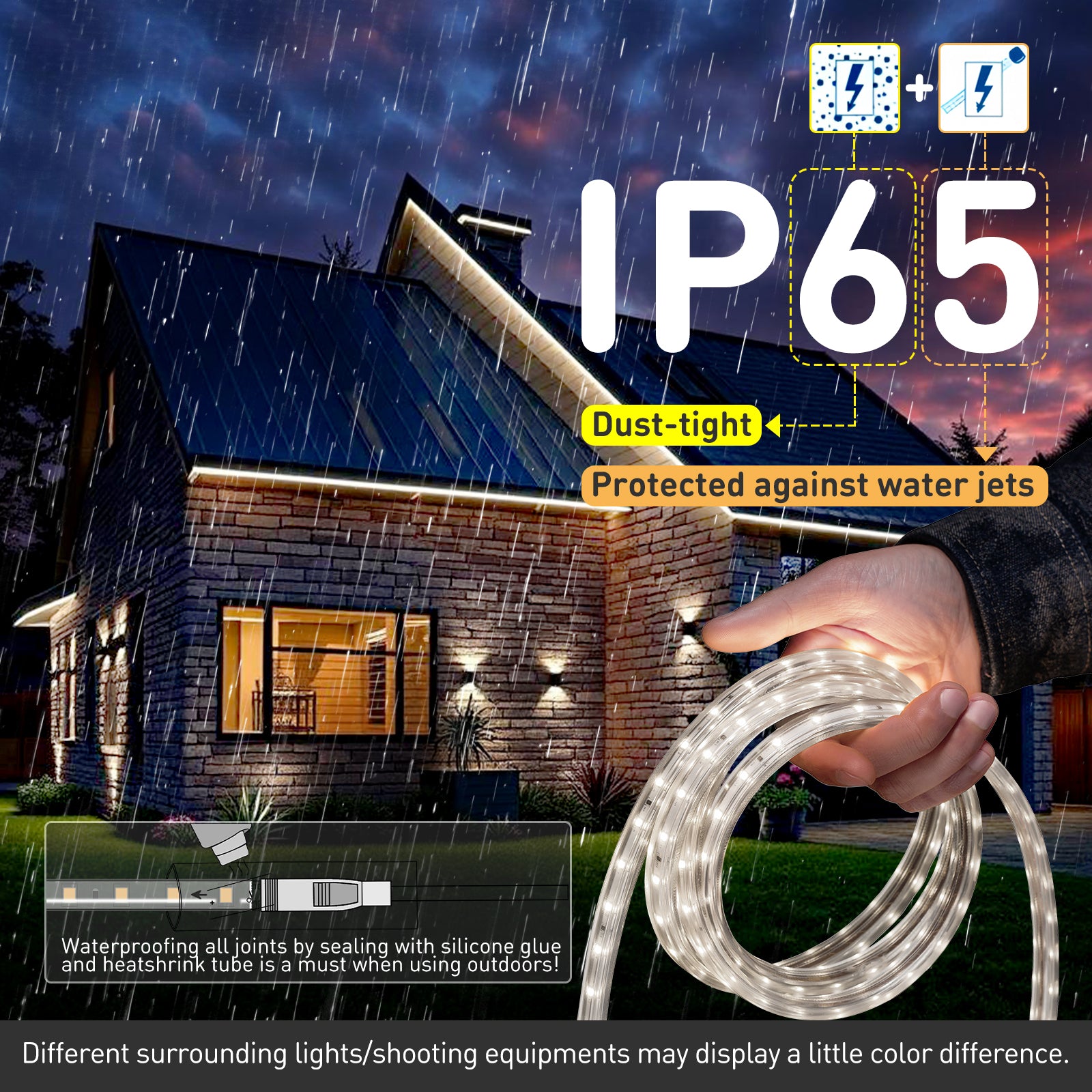 IP65 waterproof 120V LED strip light in 6000K cool white, installed under outdoor kitchen cabinets