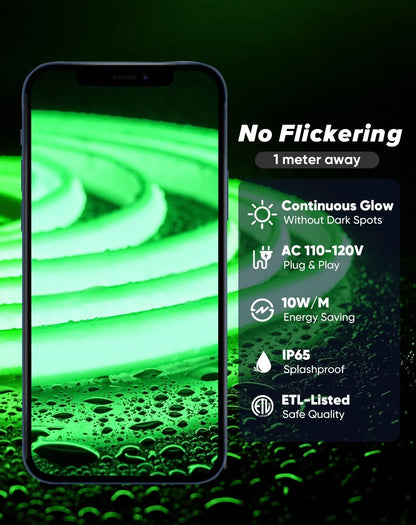 120V COB green Rope Light  800lm Ultra Bright, IP65 Waterproof Cold-Resistant ETL Neon Strip, No Driver Tape Lighting for Home Commercial