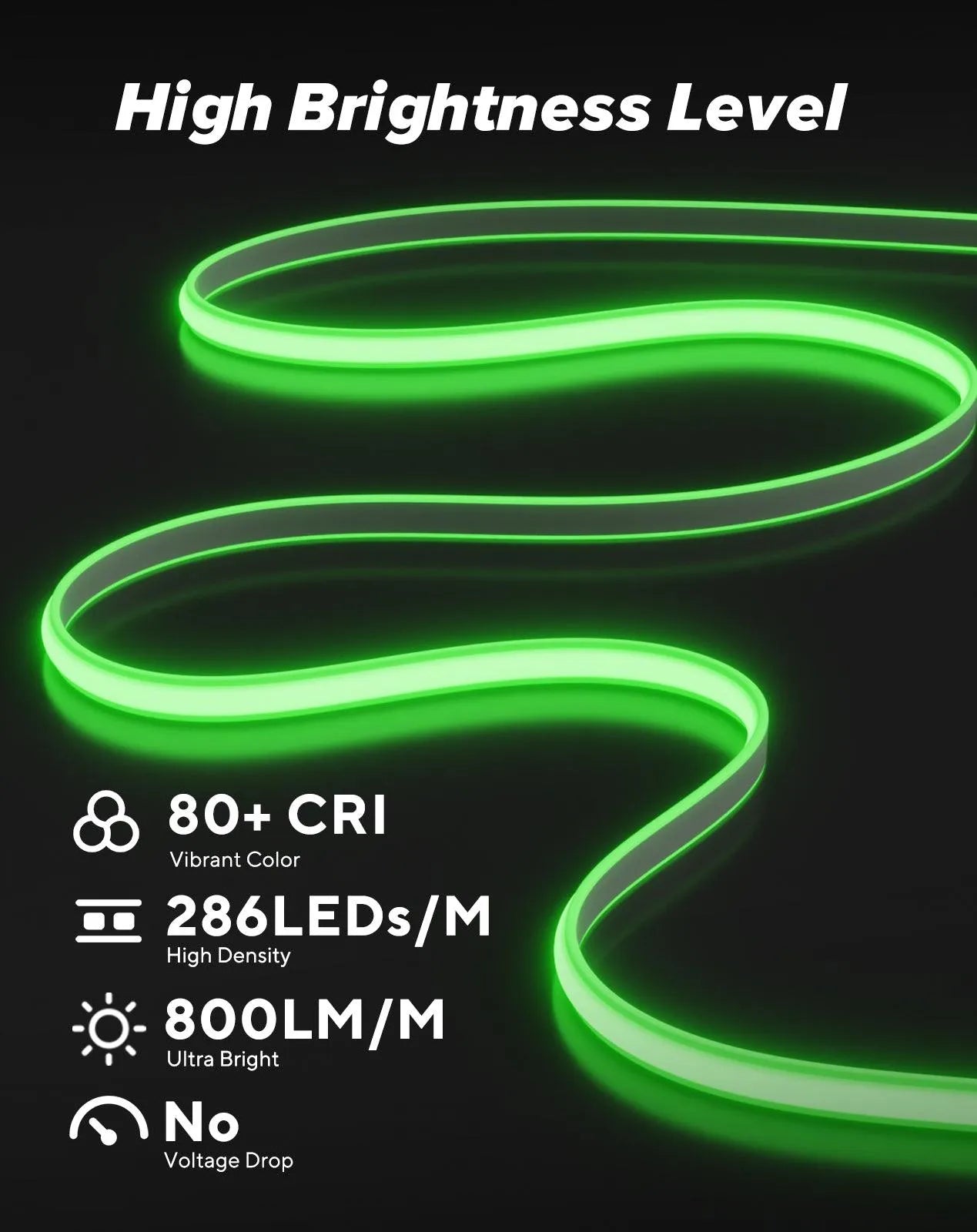 120V COB green Rope Light  800lm Ultra Bright, IP65 Waterproof Cold-Resistant ETL Neon Strip, No Driver Tape Lighting for Home Commercial