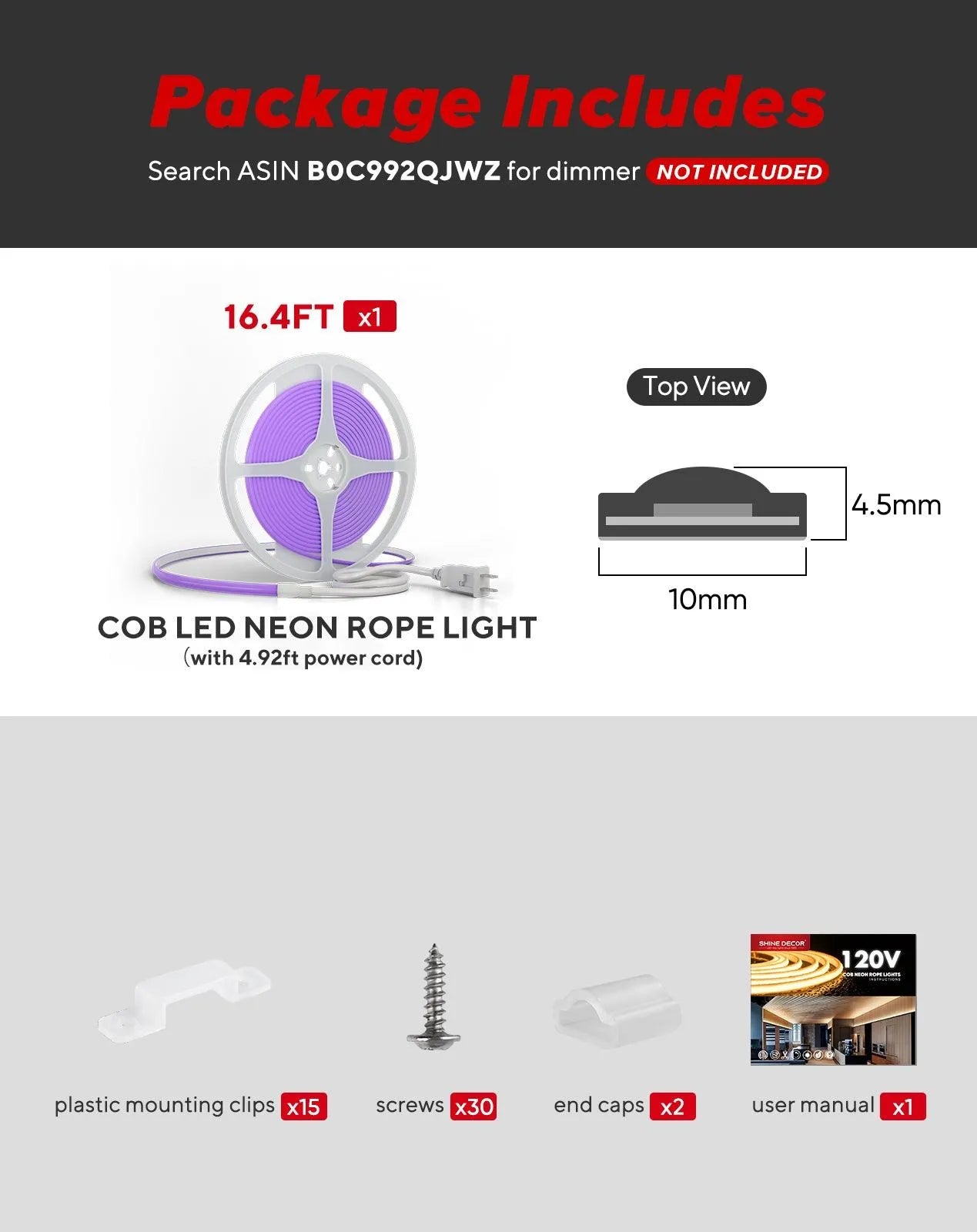 120V COB purple Rope Light  800lm Ultra Bright, IP65 Waterproof Cold-Resistant ETL Neon Strip, No Driver Tape Lighting for Home Commercial