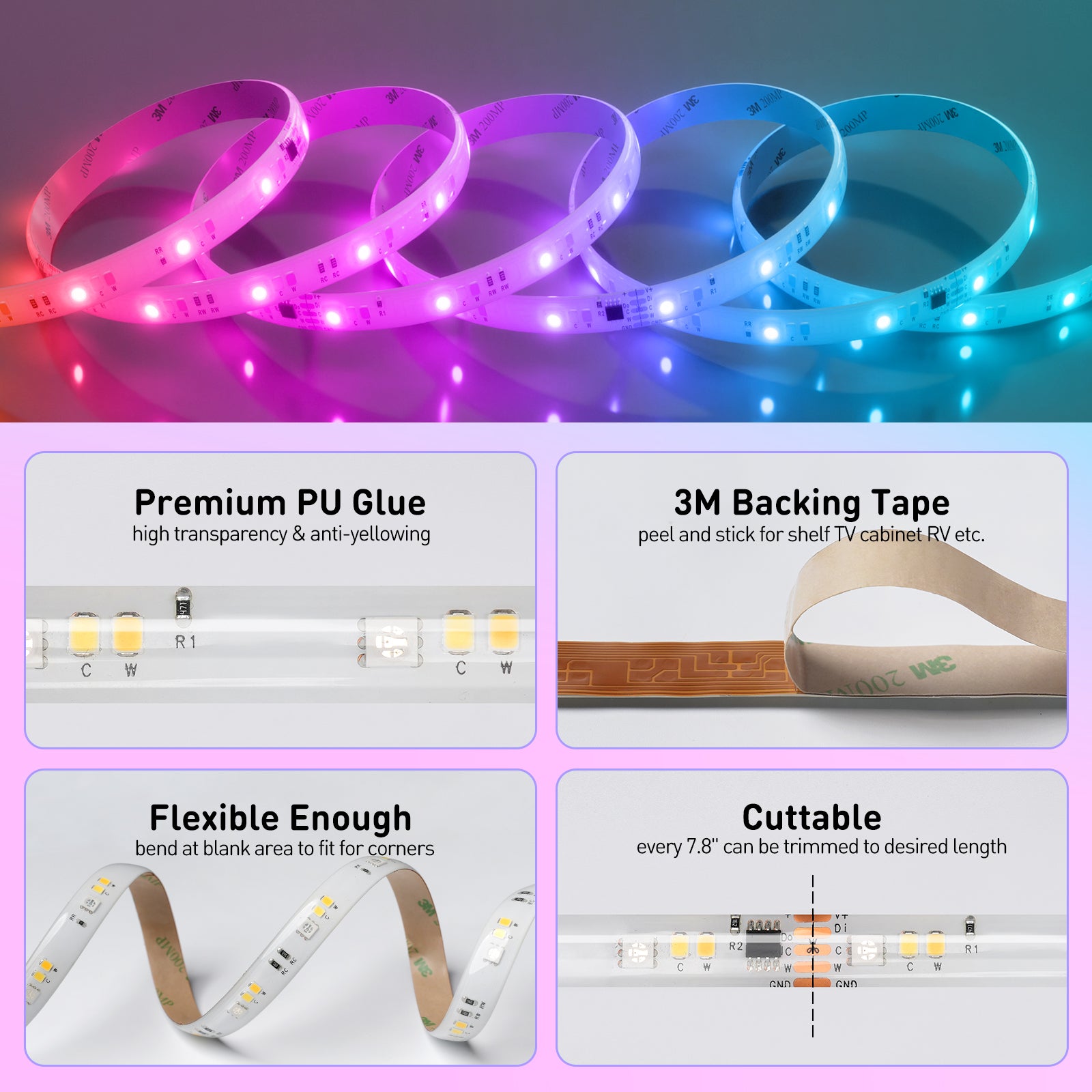 Shine Decor LED Strip Light RGBWW +CCT +IC, Multi Functions Warm/Cool White Tunable Bright Dimmable Color Chasing, Flexible Adhesive 16.4FT with Remote & 24V ETL Power for Indoor Remote Control Remote ControlRemote Control