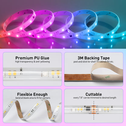 Shine Decor LED Strip Light RGBWW +CCT +IC, Multi Functions Warm/Cool White Tunable Bright Dimmable Color Chasing, Flexible Adhesive 16.4FT with Remote & 24V ETL Power for Indoor Remote Control Remote ControlRemote Control