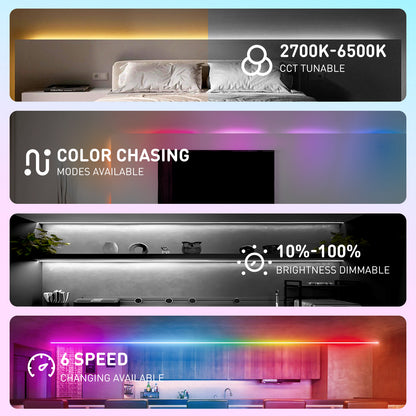 Shine Decor LED Strip Light RGBWW +CCT +IC, Multi Functions Warm/Cool White Tunable Bright Dimmable Color Chasing, Flexible Adhesive 16.4FT with Remote & 24V ETL Power for Indoor Remote Control Remote Control