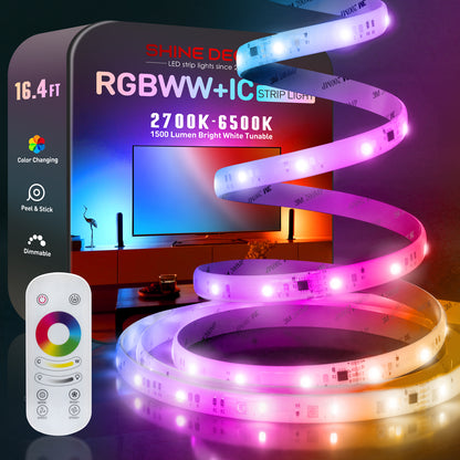 Shine Decor LED Strip Light RGBWW +CCT +IC, Multi Functions Warm/Cool White Tunable Bright Dimmable Color Chasing, Flexible Adhesive 16.4FT with Remote & 24V ETL Power for Indoor Remote Control