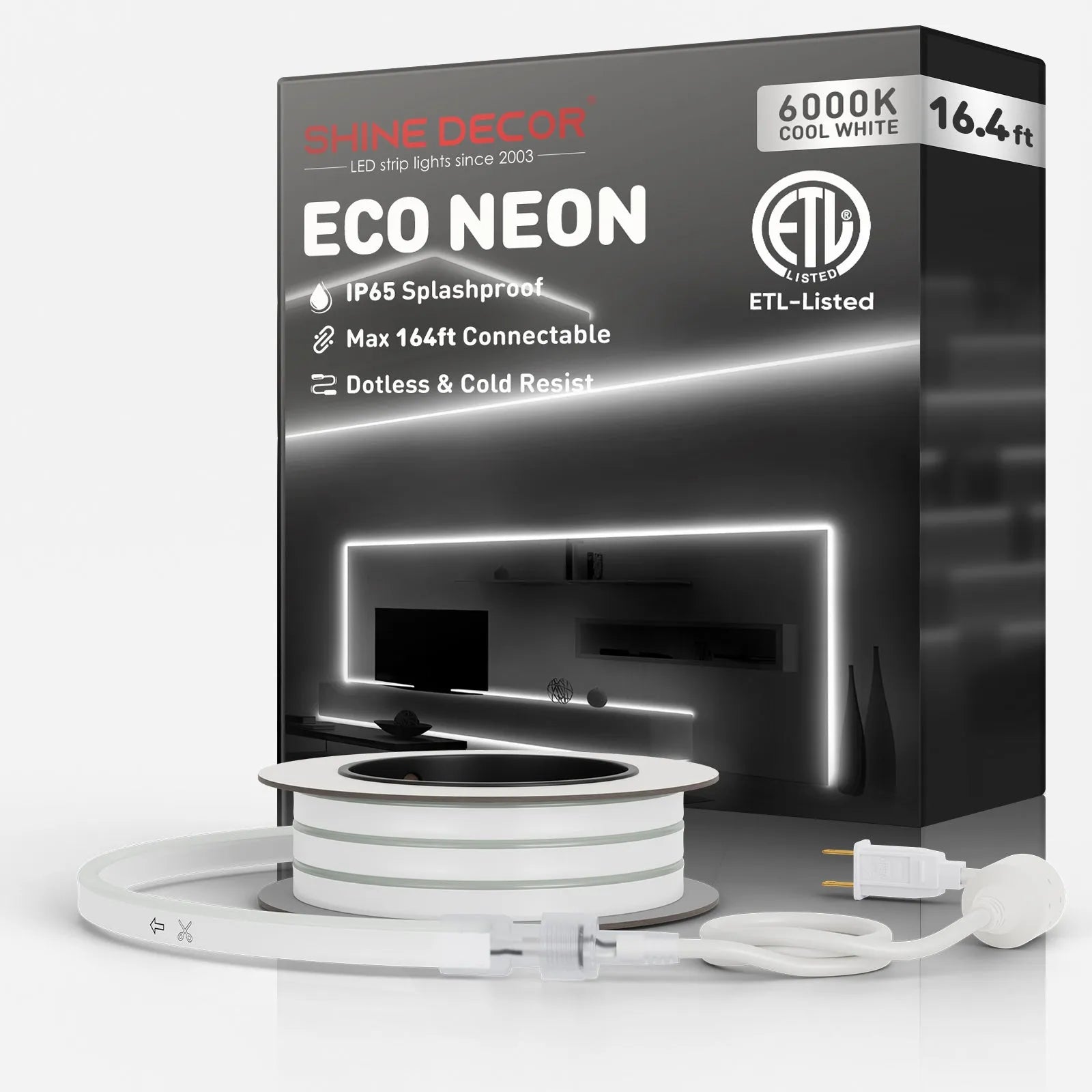 IP65 waterproof 6000K cool white LED neon rope light illuminating a modern outdoor store sign