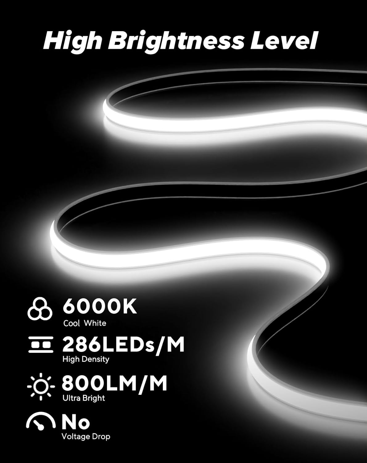 Shine Decor 110V Ultra Bright COB LED Strip Light 6000K Cool White 800Lumens/M