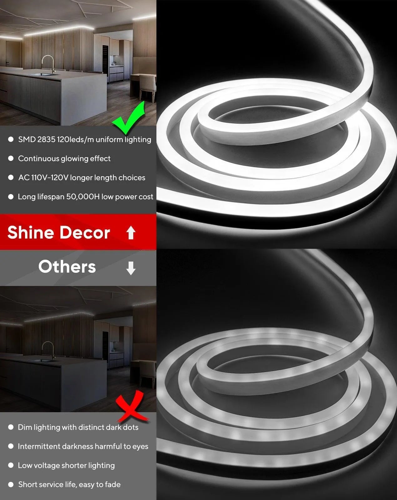 IP65 waterproof 6300K cool white LED neon rope light best for tasking lighting