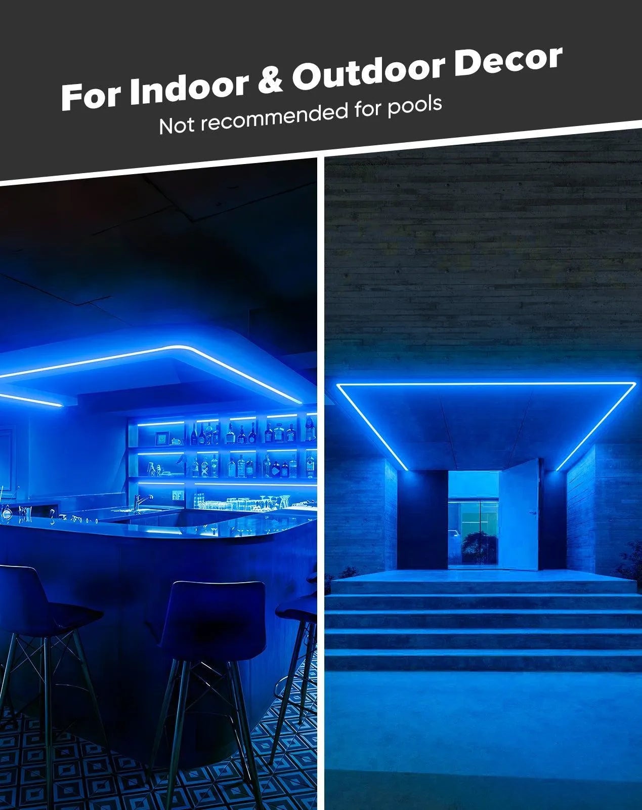ETL listed bright blue COB LED rope light cut at 1.8-inch intervals, illuminating a modern indoor bar counter