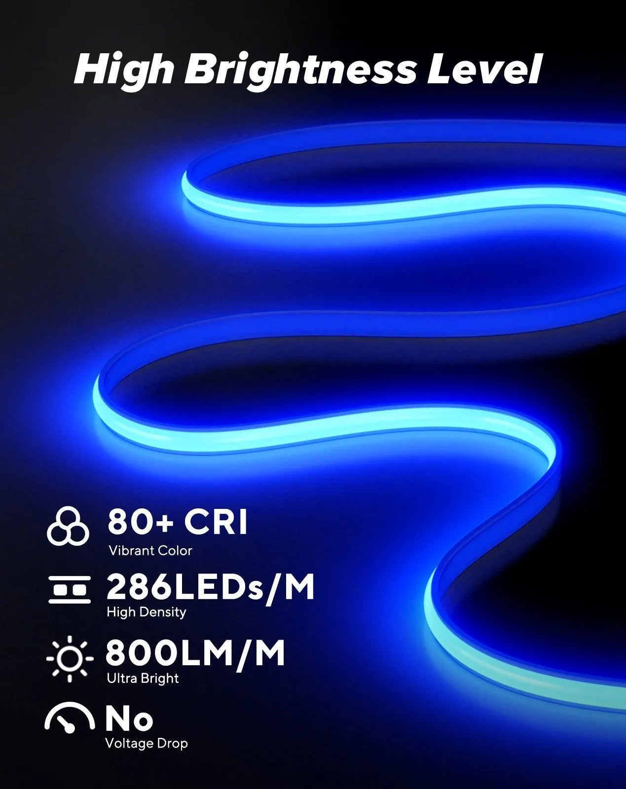 ETL listed bright blue COB LED rope light cut at 1.8-inch intervals, illuminating a modern indoor bar counter