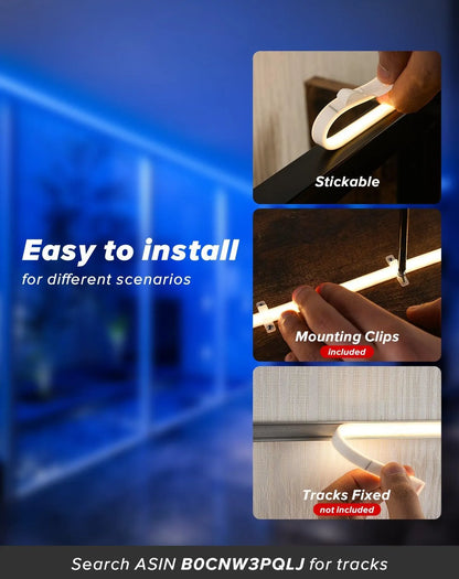ETL listed bright blue COB LED rope light cut at 1.8-inch intervals, illuminating a modern indoor bar counter