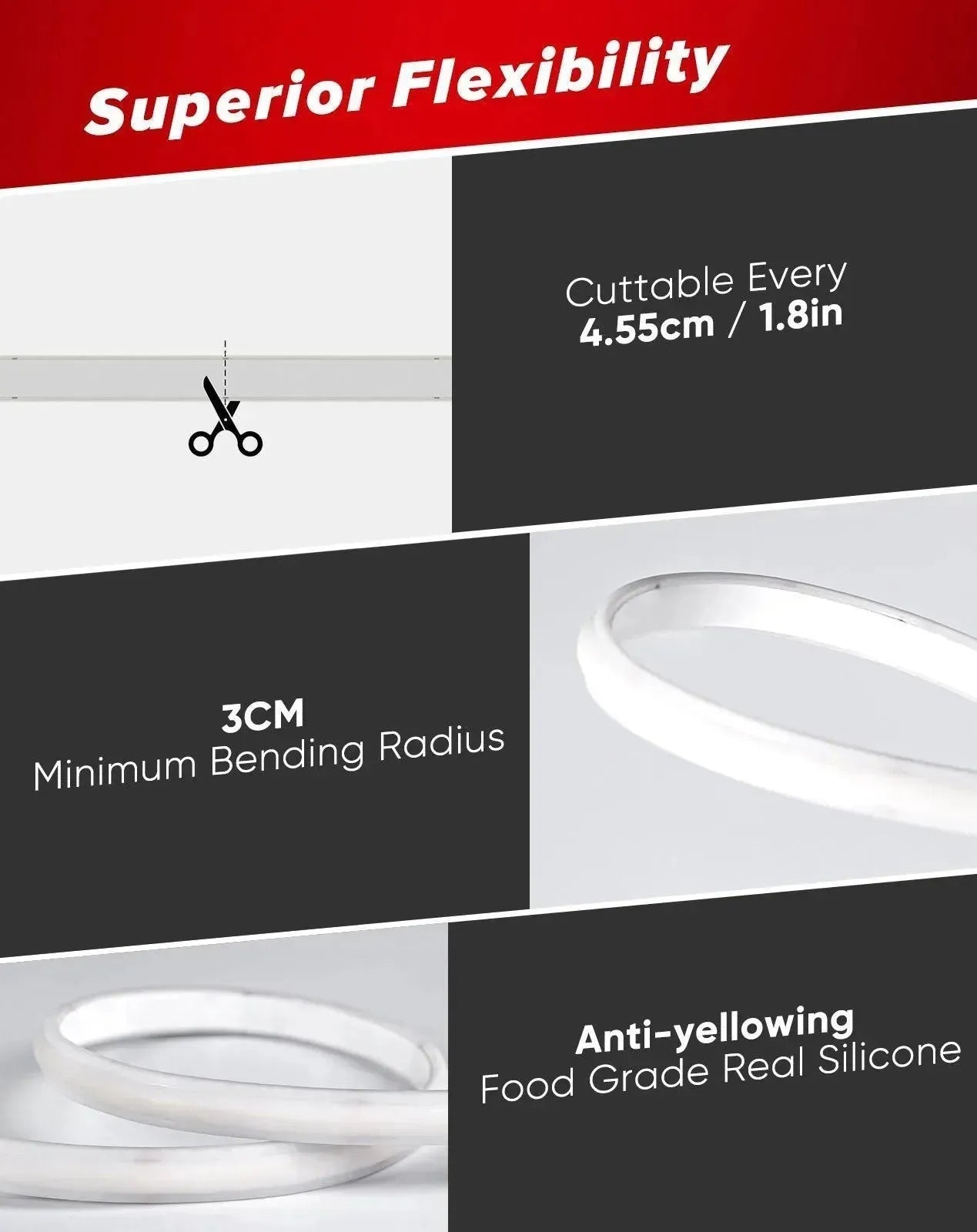 ETL listed bright COB LED rope light cut at 1.8-inch intervals, illuminating a modern indoor bar counter
