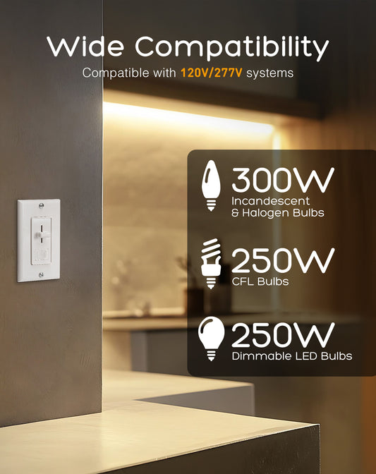 Shine Decor ELV Slide Dimmer Light Switch Pack Wall Plate Included UL Listed Max Run 300W 