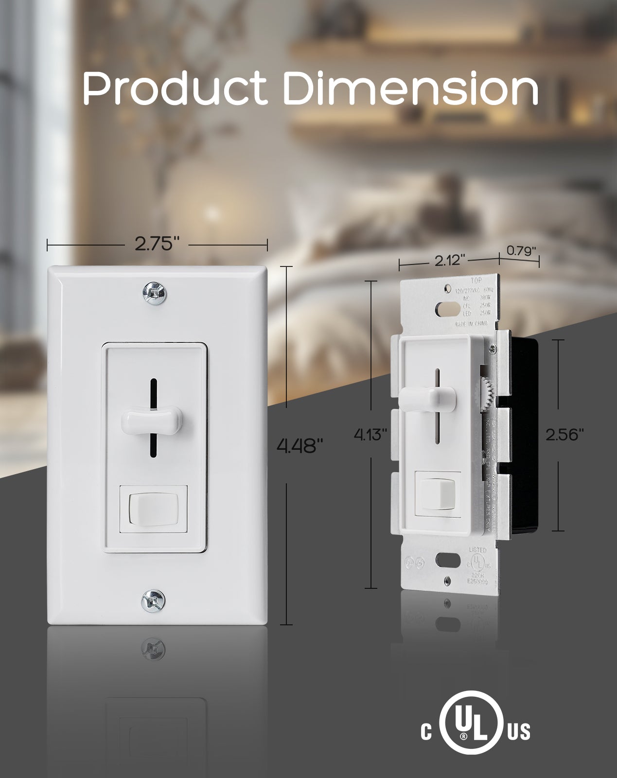 Shine Decor ELV Slide Dimmer Light Switch Pack Wall Plate Included UL Listed Max Run 300W 