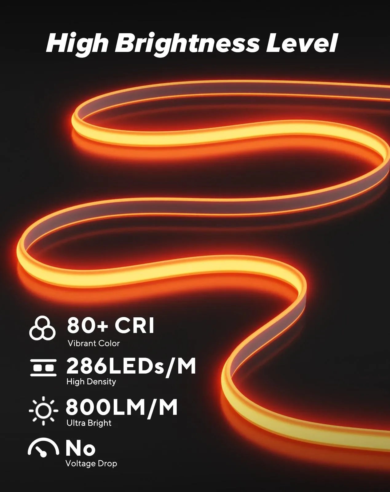 120V COB Amber Rope Light  800lm Ultra Bright, IP65 Waterproof Cold-Resistant ETL Neon Strip, No Driver Tape Lighting for Home Commercial