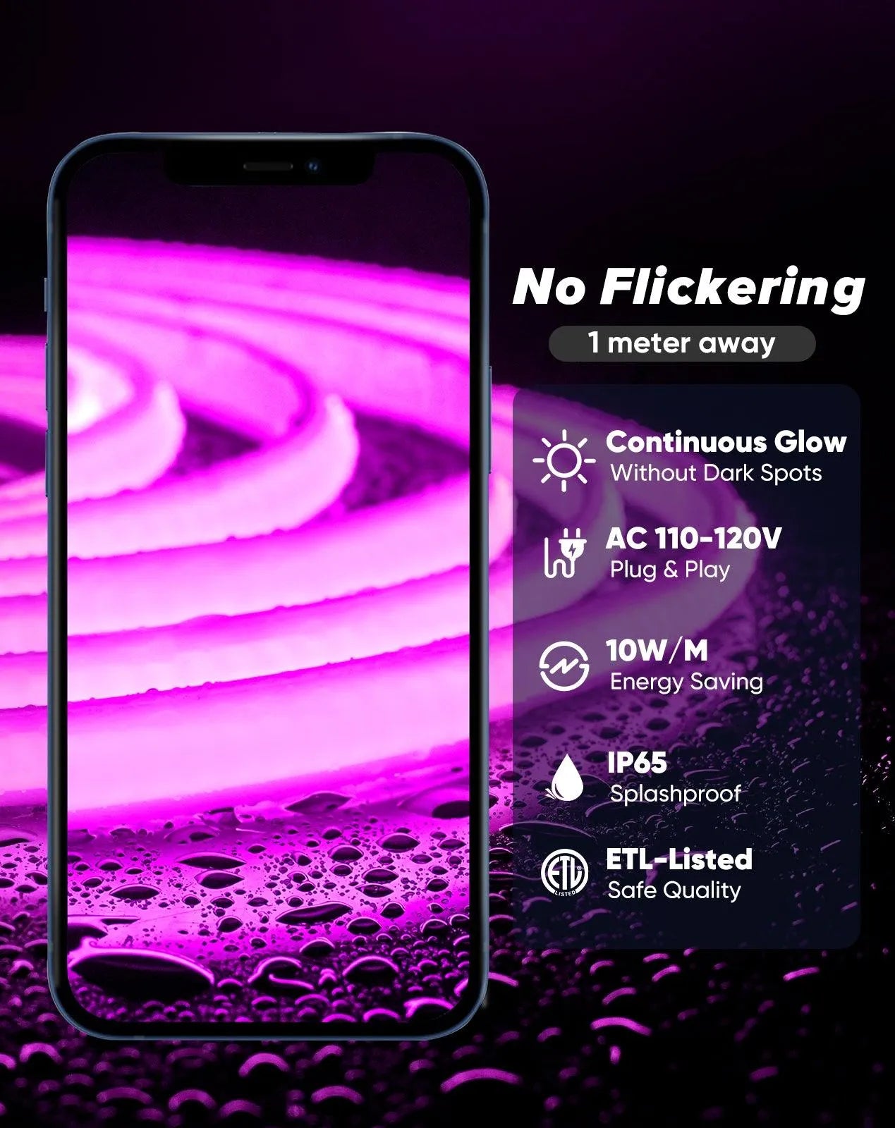 120V COB purple Rope Light  800lm Ultra Bright, IP65 Waterproof Cold-Resistant ETL Neon Strip, No Driver Tape Lighting for Home Commercial