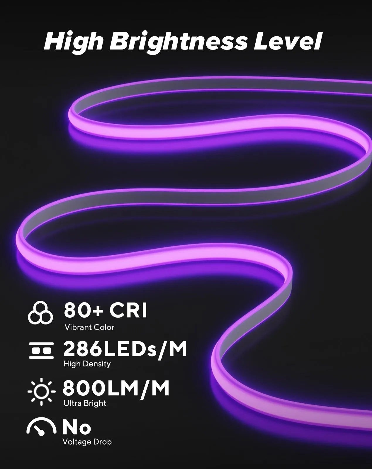 120V COB purple Rope Light  800lm Ultra Bright, IP65 Waterproof Cold-Resistant ETL Neon Strip, No Driver Tape Lighting for Home Commercial
