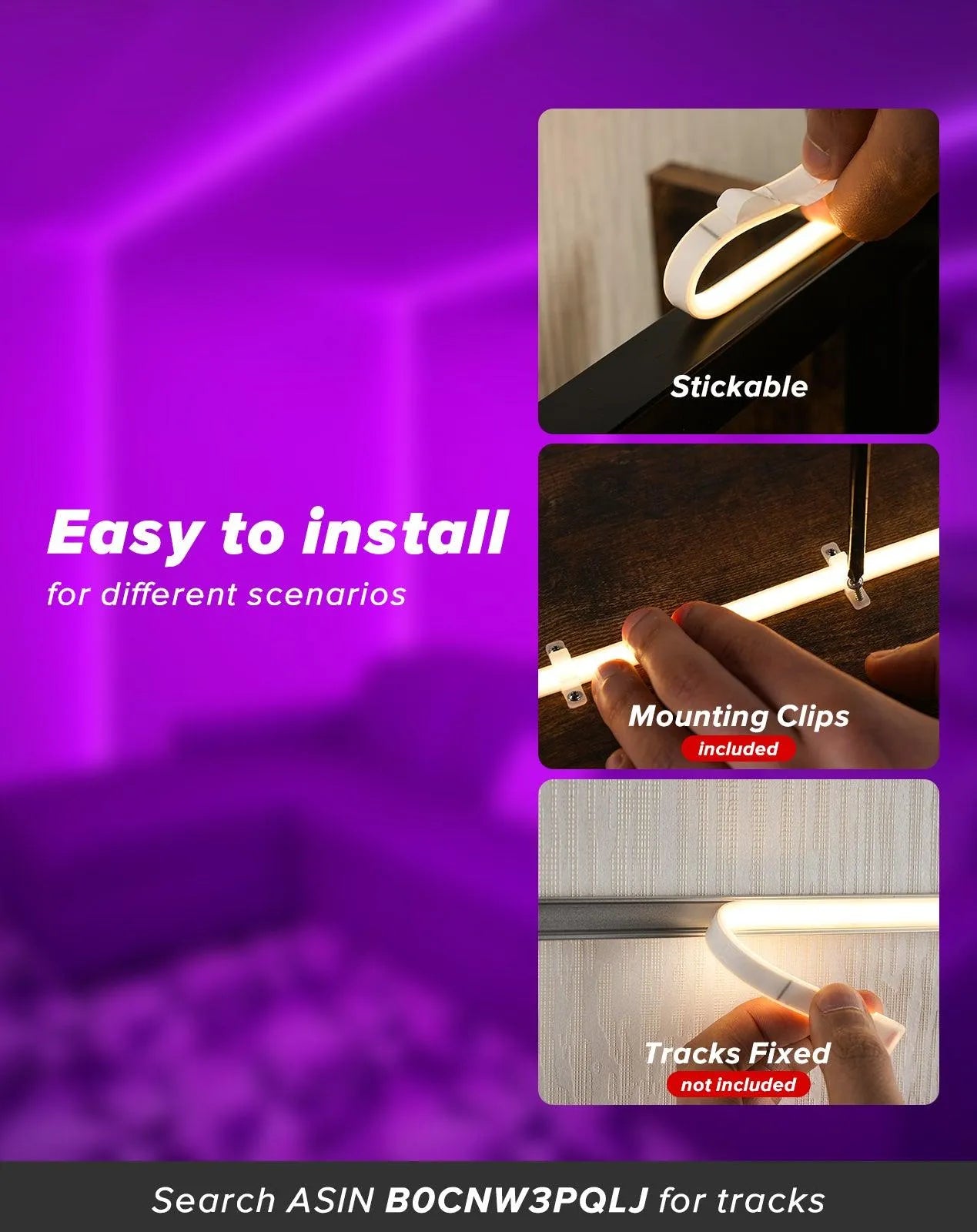120V COB purple Rope Light  800lm Ultra Bright, IP65 Waterproof Cold-Resistant ETL Neon Strip, No Driver Tape Lighting for Home Commercial