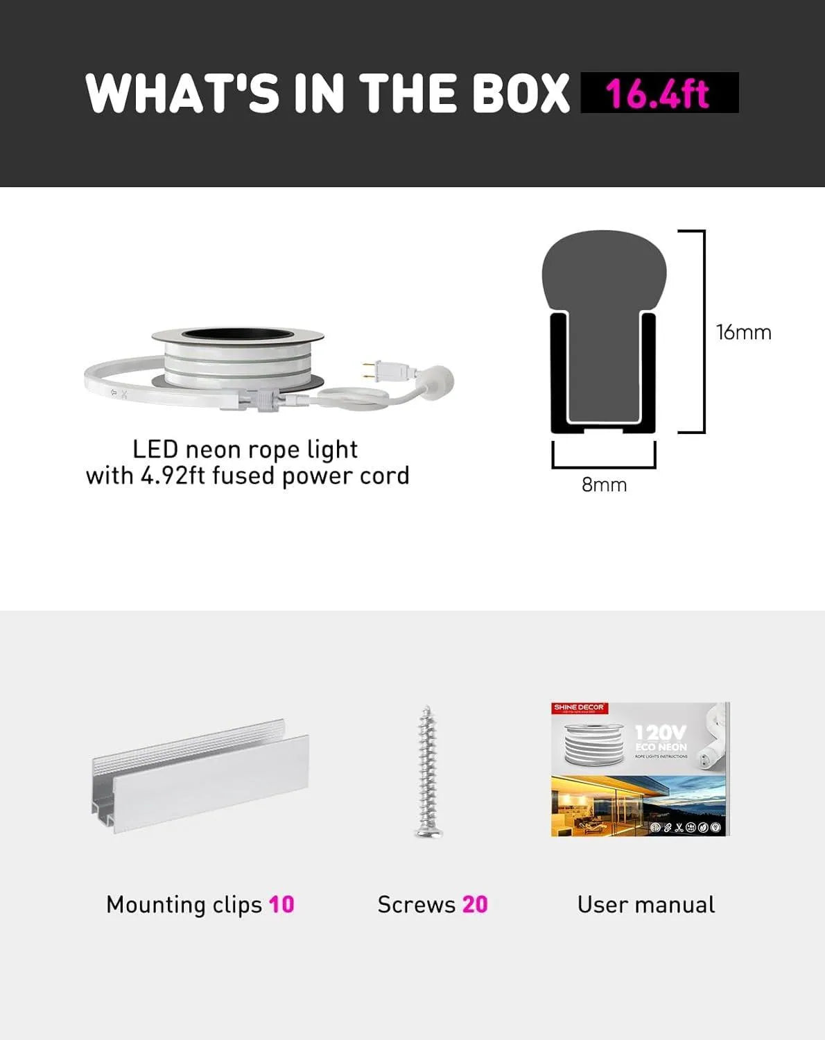 120V Eco LED NEON rope light, Connectable & Cuttable Dotless 120LEDs/M Neon Strip Lighting, ETL IP65 Waterproof & Weather-Resistant for Home Commercial