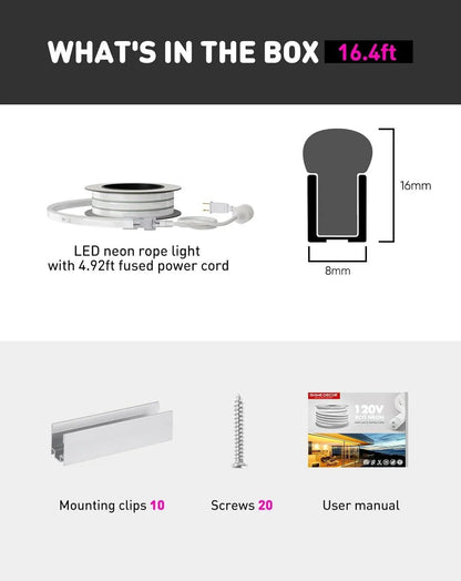 120V Eco LED NEON rope light, Connectable & Cuttable Dotless 120LEDs/M Neon Strip Lighting, ETL IP65 Waterproof & Weather-Resistant for Home Commercial