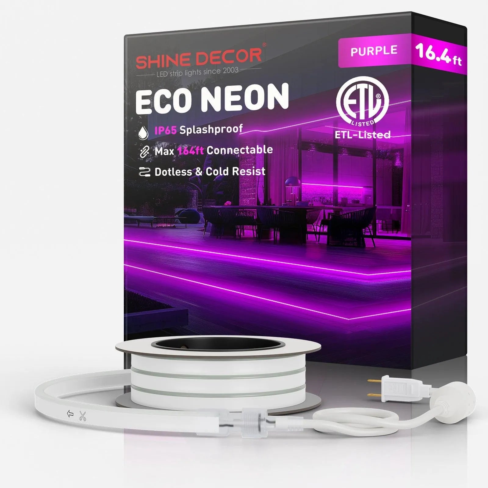 120V Eco purple rope light, Connectable & Cuttable Dotless 120LEDs/M Neon Strip Lighting, ETL IP65 Waterproof & Weather-Resistant for Home Commercial