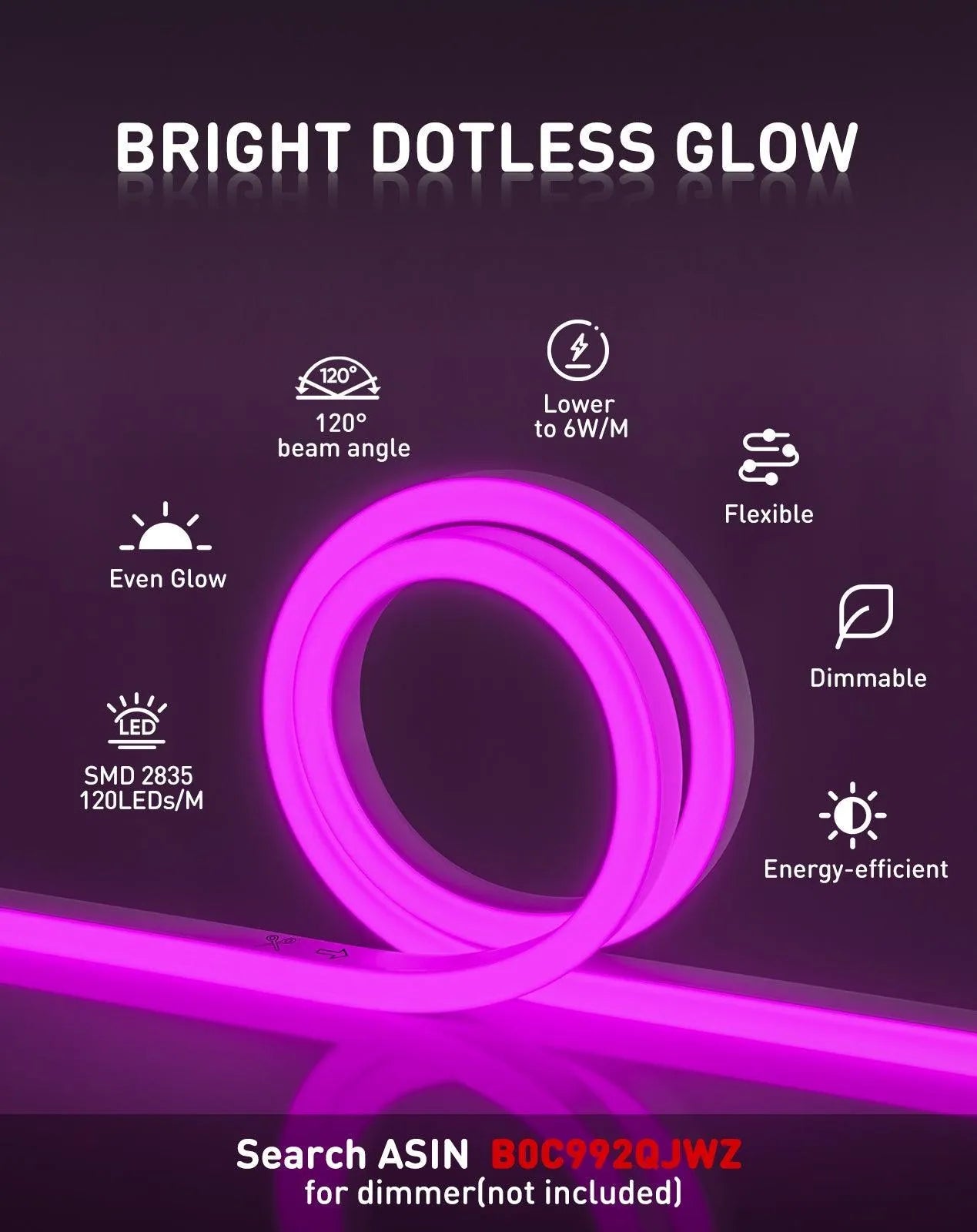120V Eco purple rope light, Connectable & Cuttable Dotless 120LEDs/M Neon Strip Lighting, ETL IP65 Waterproof & Weather-Resistant for Home Commercial
