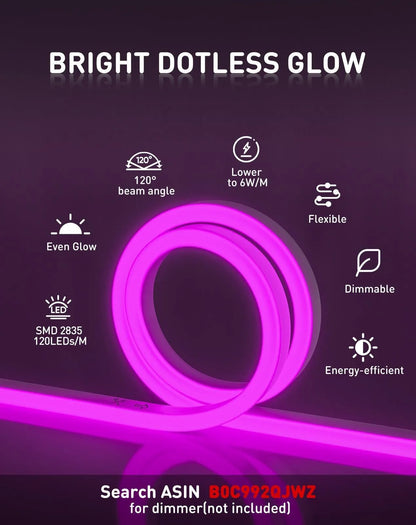120V Eco purple rope light, Connectable & Cuttable Dotless 120LEDs/M Neon Strip Lighting, ETL IP65 Waterproof & Weather-Resistant for Home Commercial