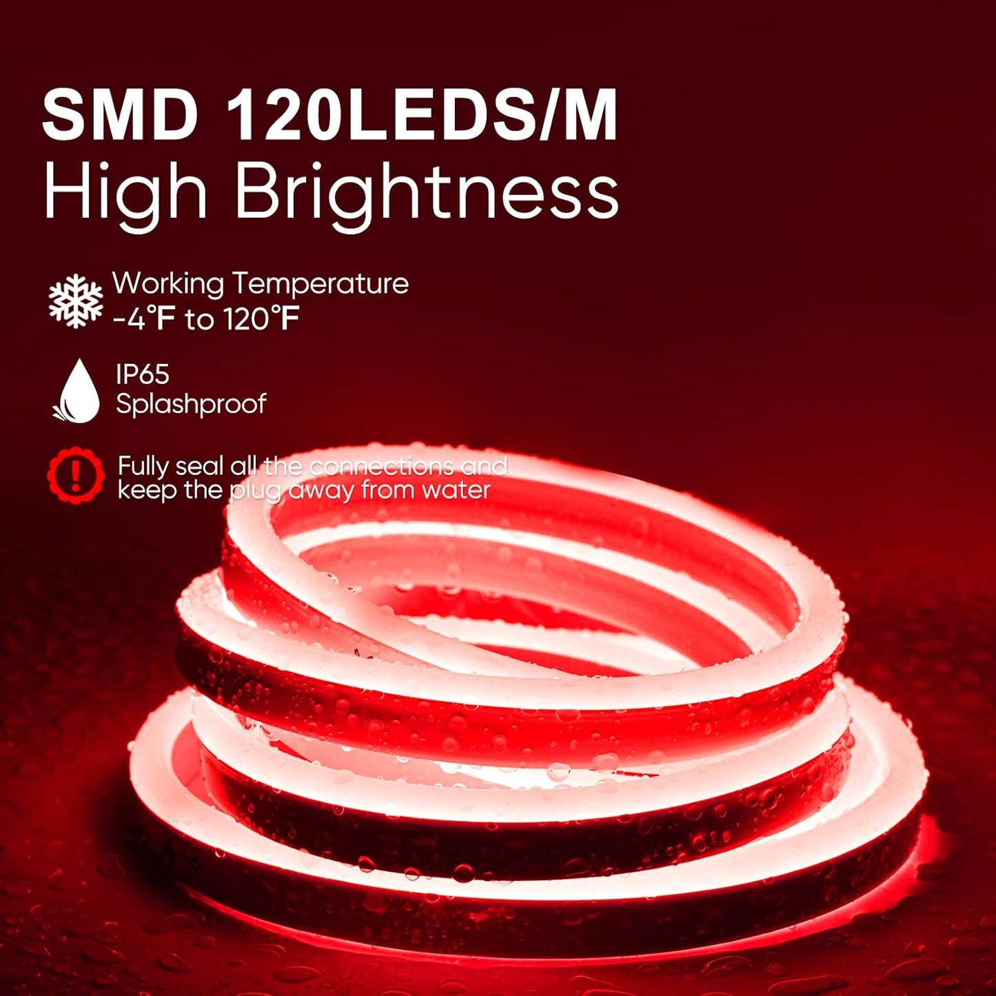 120V Eco red rope light, Connectable & Cuttable Dotless 120LEDs/M Neon Strip Lighting, ETL IP65 Waterproof & Weather-Resistant for Home Commercial