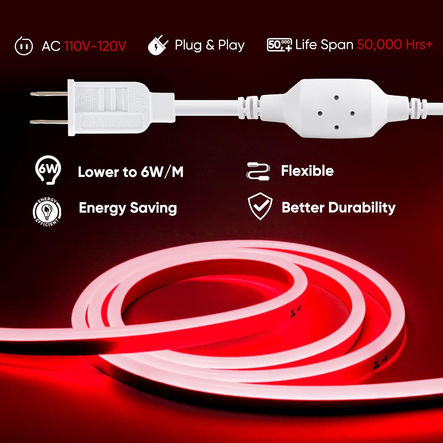 120V Eco red rope light, Connectable & Cuttable Dotless 120LEDs/M Neon Strip Lighting, ETL IP65 Waterproof & Weather-Resistant for Home Commercial