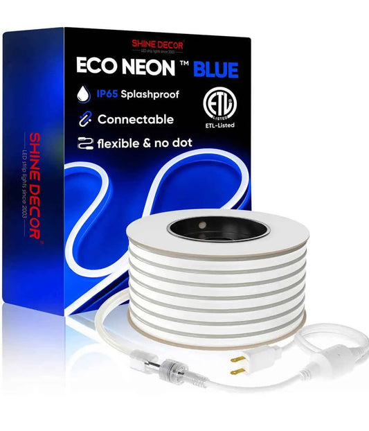 120V Eco blue rope light, Connectable & Cuttable Dotless 120LEDs/M Neon Strip Lighting, ETL IP65 Waterproof & Weather-Resistant for Home Commercial