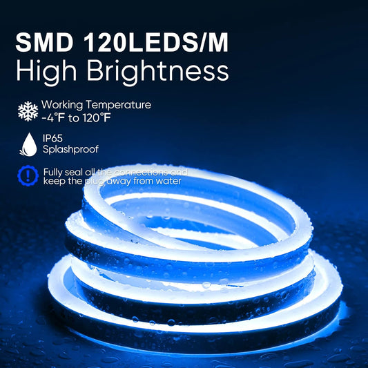 120V Eco blue rope light, Connectable & Cuttable Dotless 120LEDs/M Neon Strip Lighting, ETL IP65 Waterproof & Weather-Resistant for Home Commercial