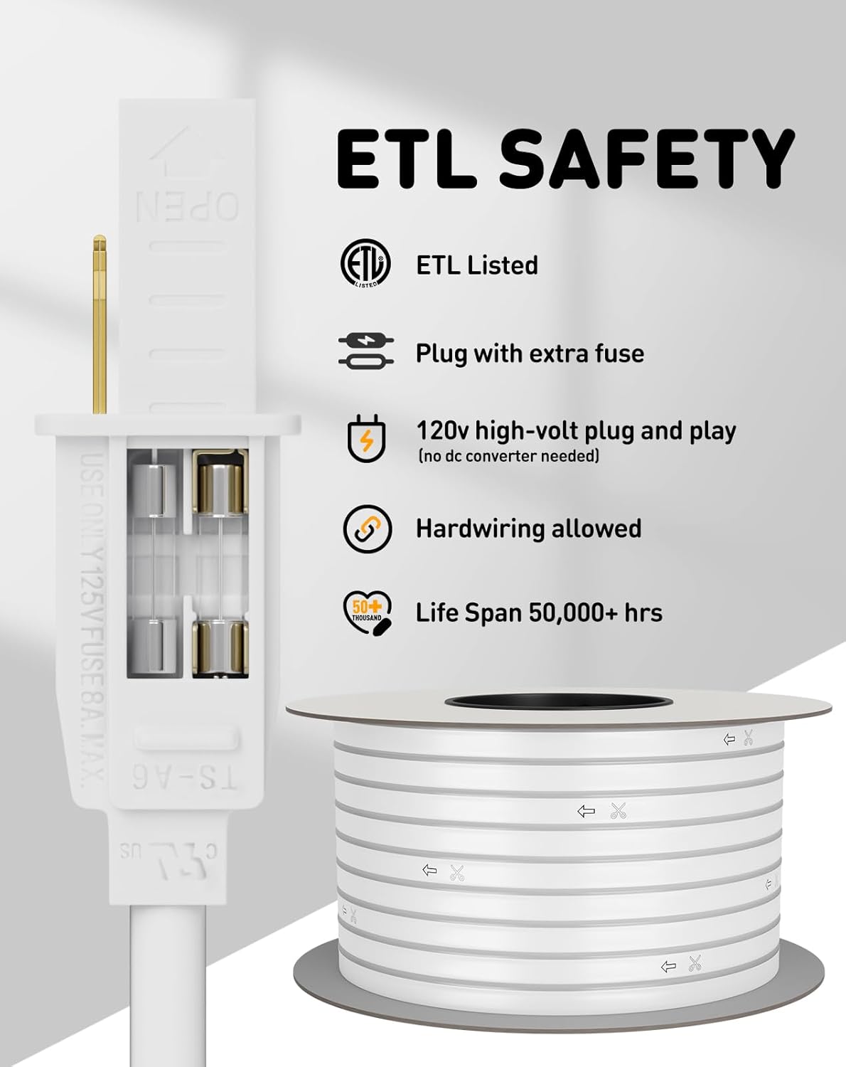 120V Eco led neon rope light, Connectable & Cuttable Dotless 120LEDs/M Neon Strip Lighting, ETL IP65 Waterproof & Weather-Resistant for Home Commercial
