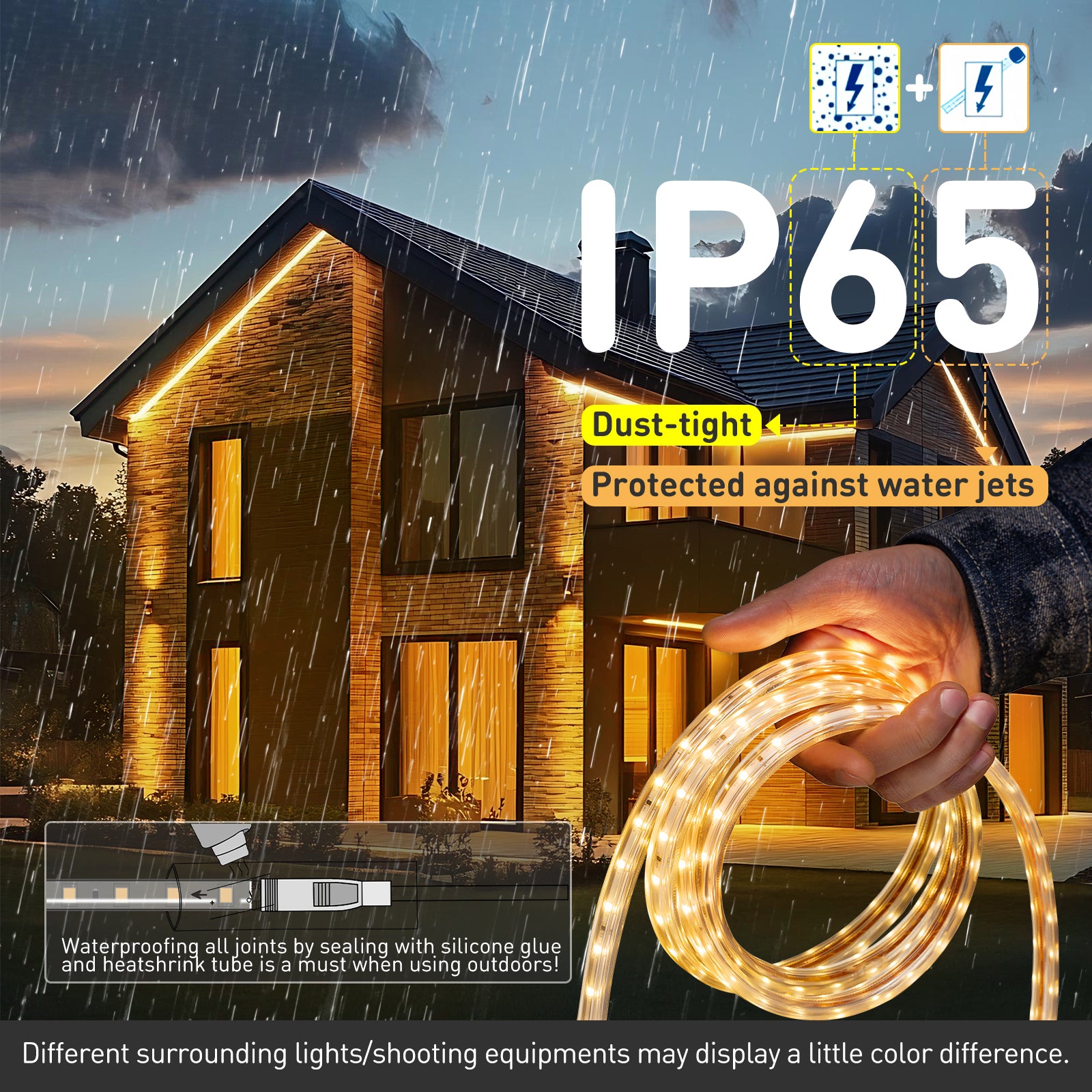 ETL Listed 120V LED strip light in 2800K warm white, installed on an outdoor patio with IP65 waterproof rating.