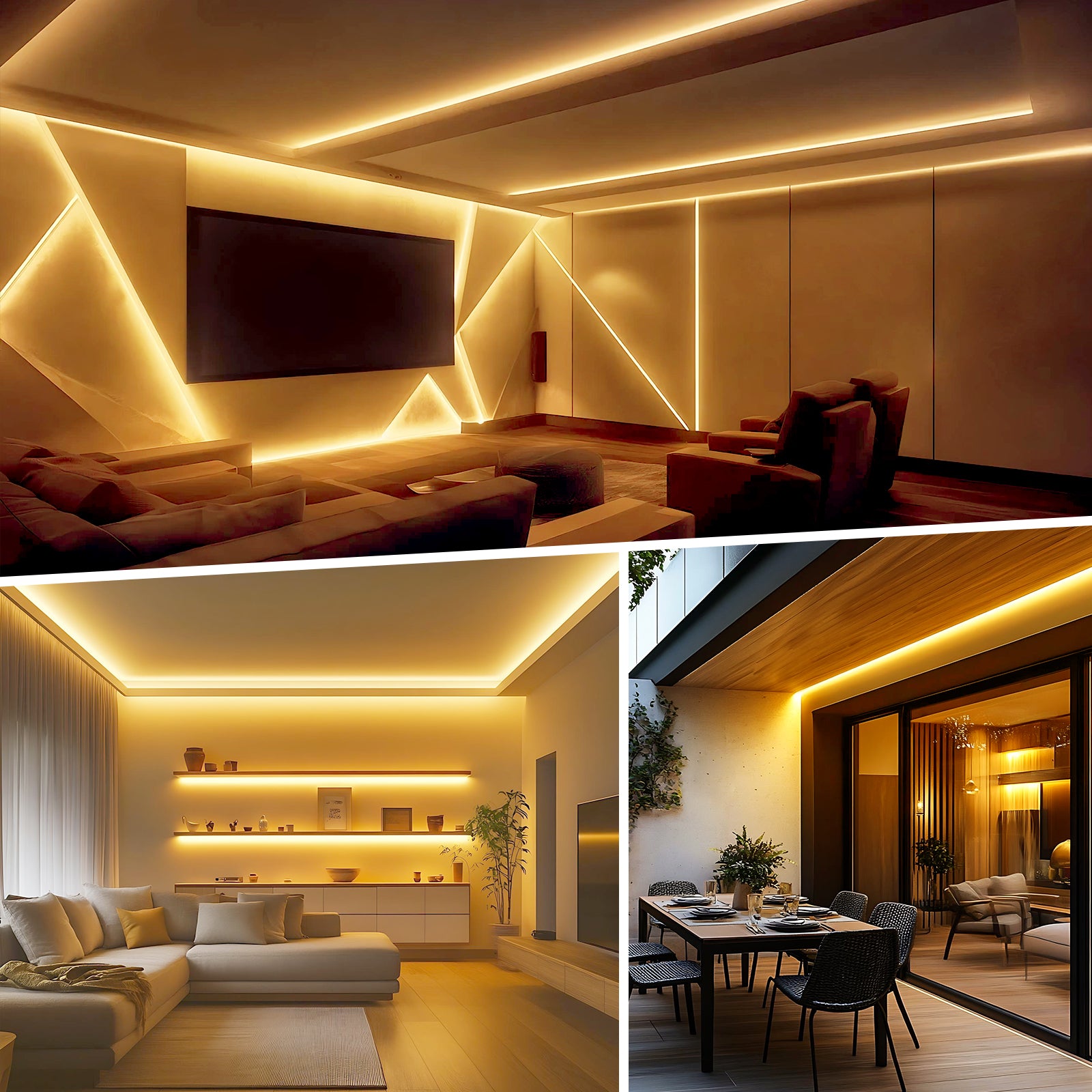 ETL Listed 120V LED strip light in 2800K warm white, installed on an outdoor patio with IP65 waterproof rating.