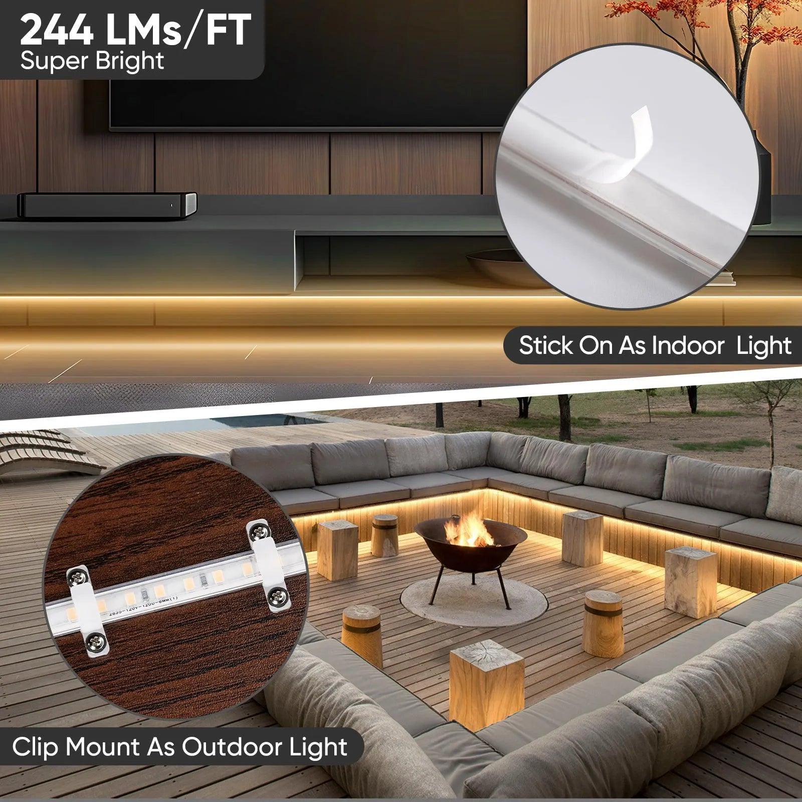 ETL-listed warm white COB LED strip light with 3.9-inch cut marks and peel-and-stick backing, installed under kitchen cabinets.