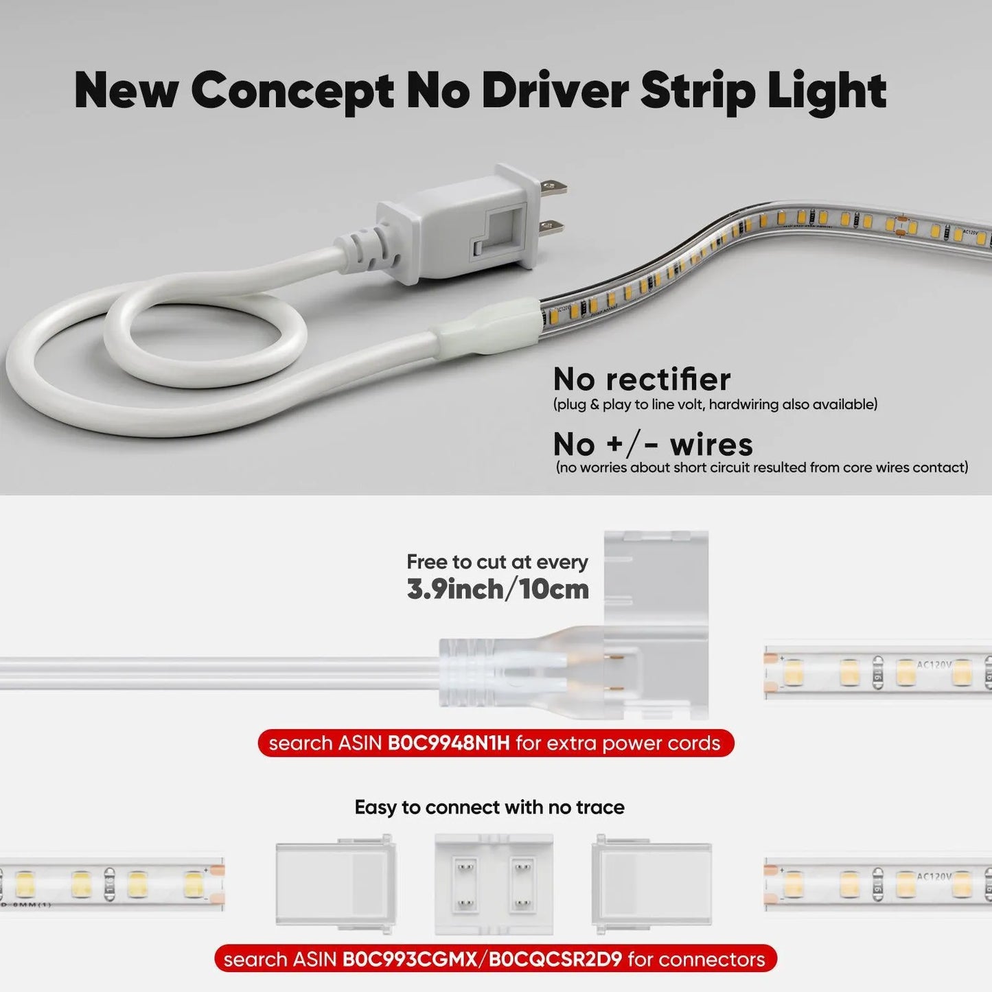 ETL-listed 6000K cool white COB LED strip light 3.9-inch cut marks with peel & stick adhesive, installed under kitchen cabinets
