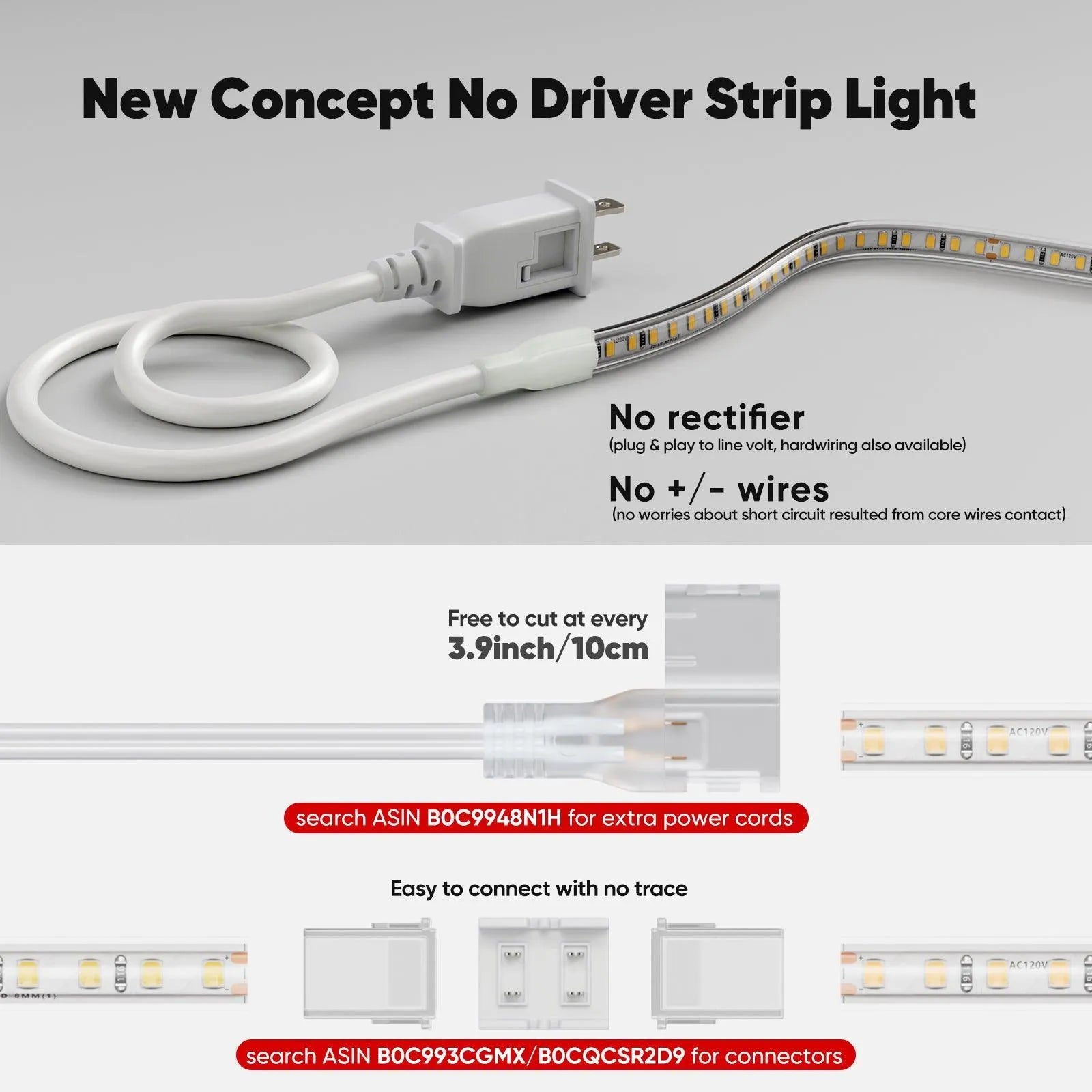ETL-listed 6000K cool white COB LED strip light 3.9-inch cut marks with peel & stick adhesive, installed under kitchen cabinets