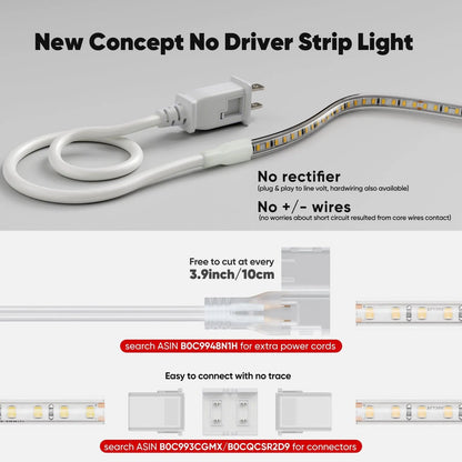 ETL-listed 6000K cool white COB LED strip light 3.9-inch cut marks with peel & stick adhesive, installed under kitchen cabinets