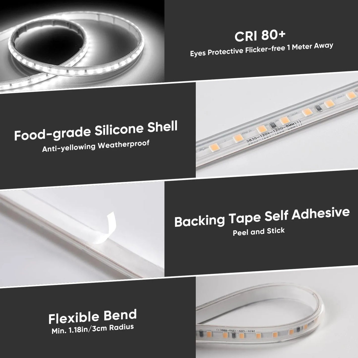 ETL-listed 6000K cool white COB LED strip light 3.9-inch cut marks with peel & stick adhesive, installed under kitchen cabinets