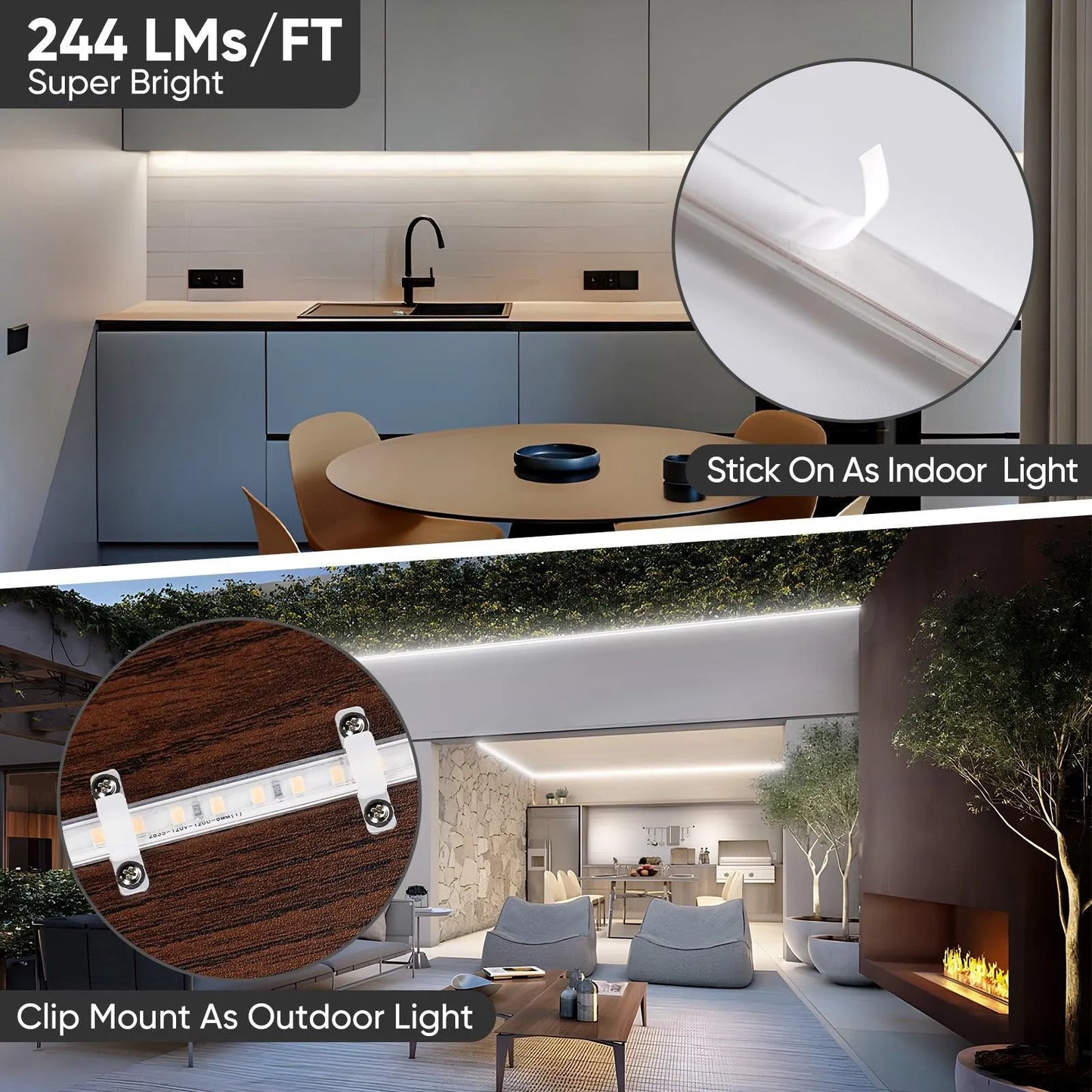 ETL-listed 6000K cool white COB LED strip light 3.9-inch cut marks with peel & stick adhesive, installed under kitchen cabinets