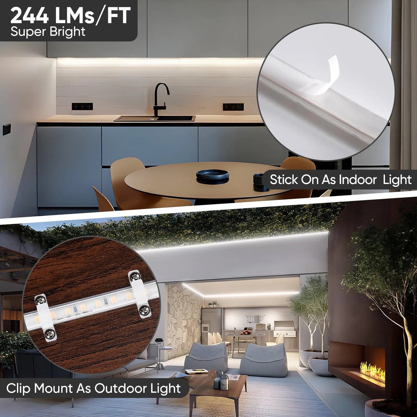 ETL-listed 6000K cool white COB LED strip light 3.9-inch cut marks with peel & stick adhesive, installed under kitchen cabinets